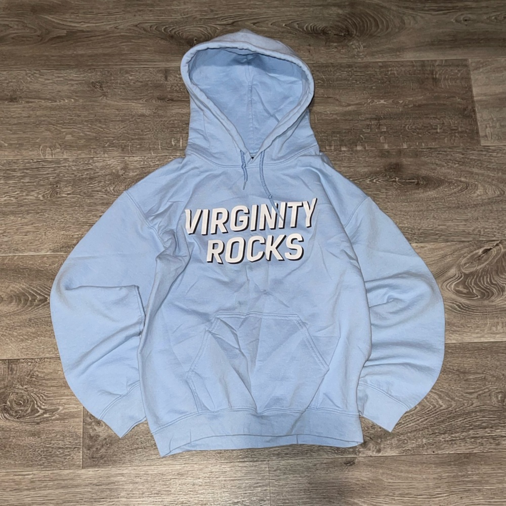 Blue and white Virginty Rocks hoodie